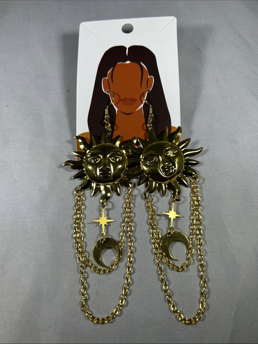 Gold Tone Sun & Moon Dangle Earrings with Chain Drops